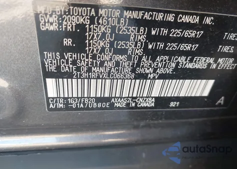 2020 Toyota Rav4 Le z USA, uszkodzony, nr VIN 2T3H1RFVXLC066368